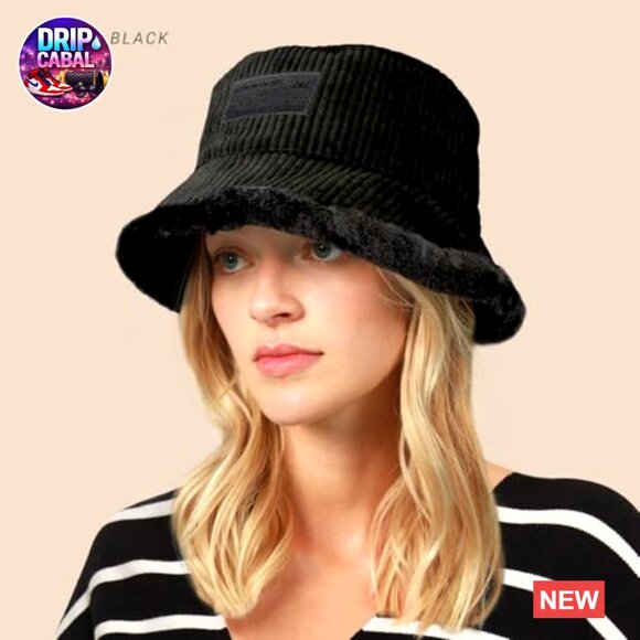 Reversible Corduroy Faux Fur Bucket Hat Winter Warm Packable